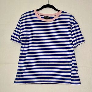 Topshop Blue & White Stripe Pink Collar Size US 4 TShirt